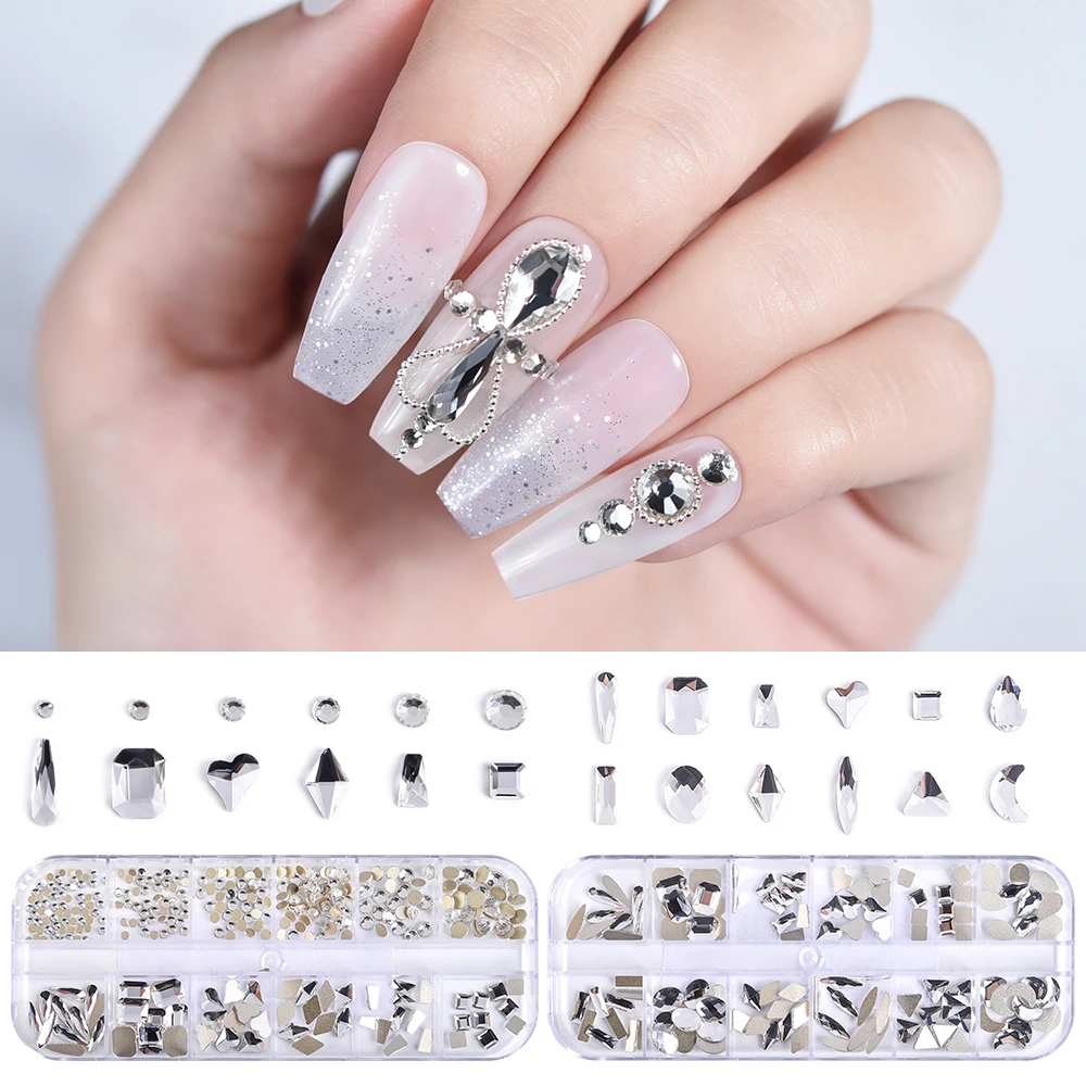 12 Girds Crystal Nail Art Rhinestones Diamond Gems Multi Size Colorful AB Flat Back Nail Art Decorations Press Accessories Tool