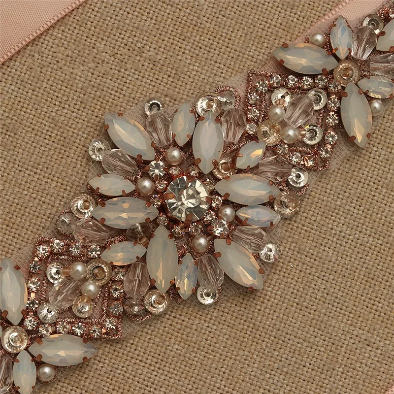 Rose Gold Color  Opal Crystal Bridal Sash Pearls Wedding Dress Waistband Dress Belt Accessories