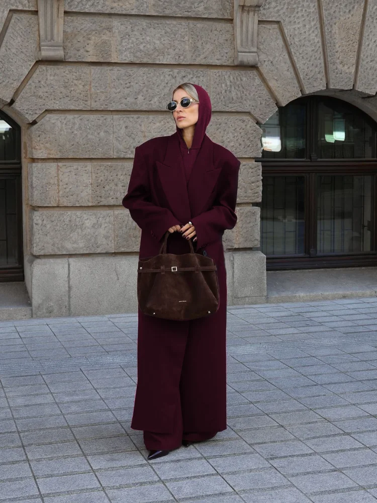 Elegant Burgundy With Belt Woolen Overcoat Women Oversize Casual Double Breasted Lapel Long Jacket Autumn Lady High Streetwear