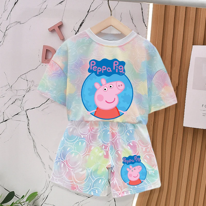 

Peppa Pigs Summer Clothing Sets for Baby Girl Outfits Cute Print Tie-dye Smlie Tees Children Short Sleeve T Shirt Shorts 2pcs