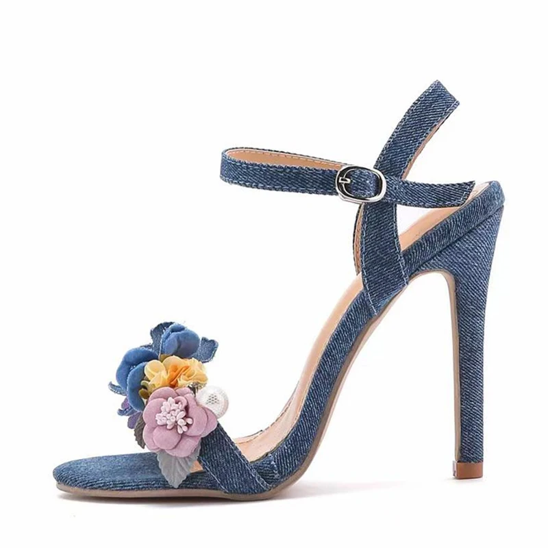 Liyke Fashion Design fiori Open Toe sandali in Denim blu donna cinturino con fibbia alla caviglia tacchi alti estivi scarpe eleganti da festa taglia