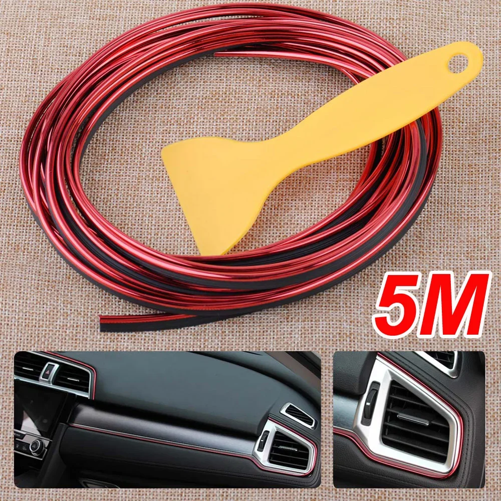 Galvanizado Car Trim Strip, DIY Decoração Interior, Porta Adesivo, Linha de Moldagem, Vermelho, 5 m