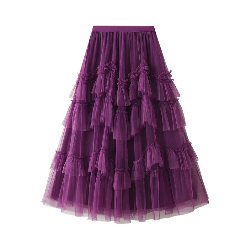 Women Tutu Cake Skirts Elegant Ruffles Tiered A Line Tulle Long Skirts Female Casual Elastic Waist Mesh Party Skirt Faldas