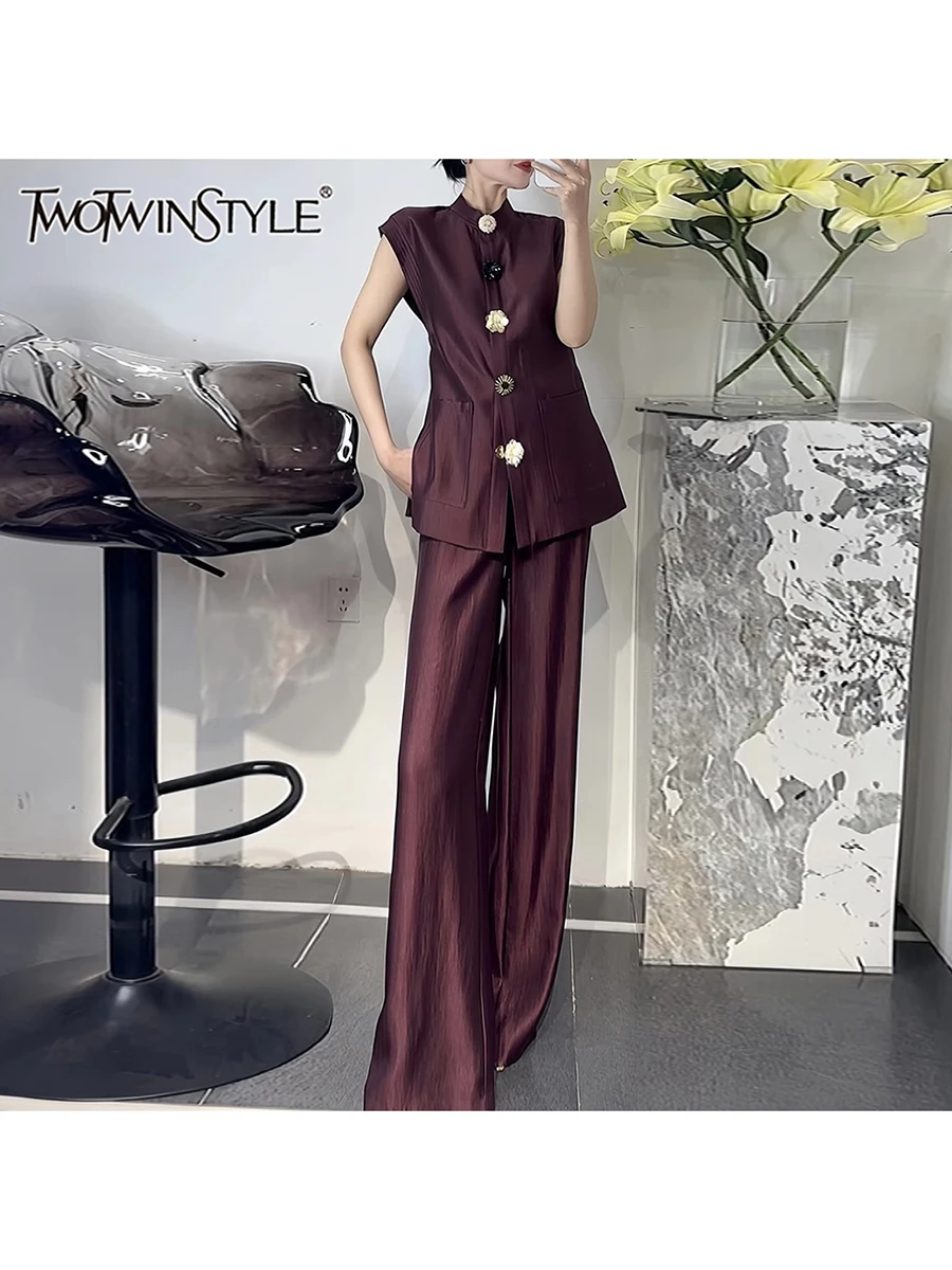 TWOTWINSTYLE Solid Two Piece Set For Women O Neck Sleeveless Spliced Button Top High Waist Pant Elegsnt Sets Female Fashion New
