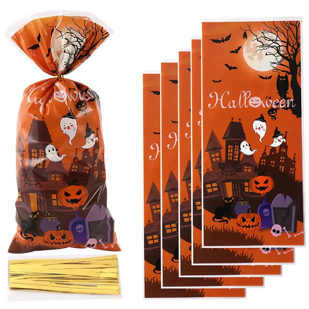 Creative Food Presentation Halloween Candy Bag Set with Ghost Pumpkin Castle Designs for Treats Snacks 100 Pcs for Cookies