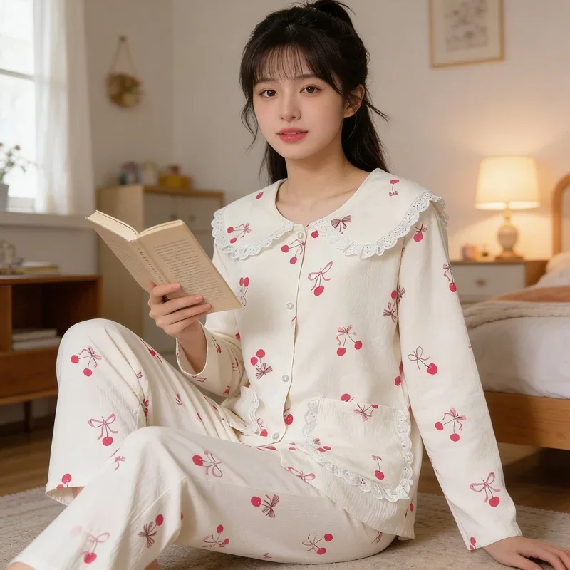 Korean Sweet Cherry Princess Style Doll Collar Lace Double Pocket Long Sleeved Pajamas Women's Home Clothes Ladies Sleepwear