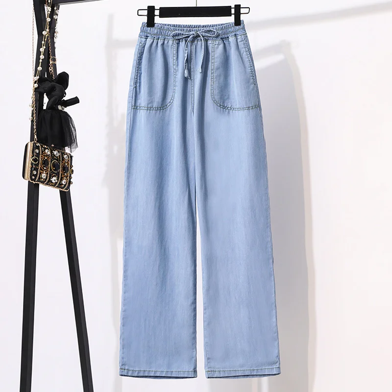

Slim Straight Casual Denim Wide Leg Pants Women plus Size High Waist Vintage Light Blue Summer Long Trousers