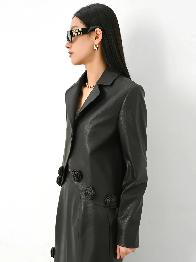 Chic Black Genuine Leather Blazer Jackets for Women Spring Autumn High-end Simple Decal Design Slim Cropped Real Sheepskin Coat