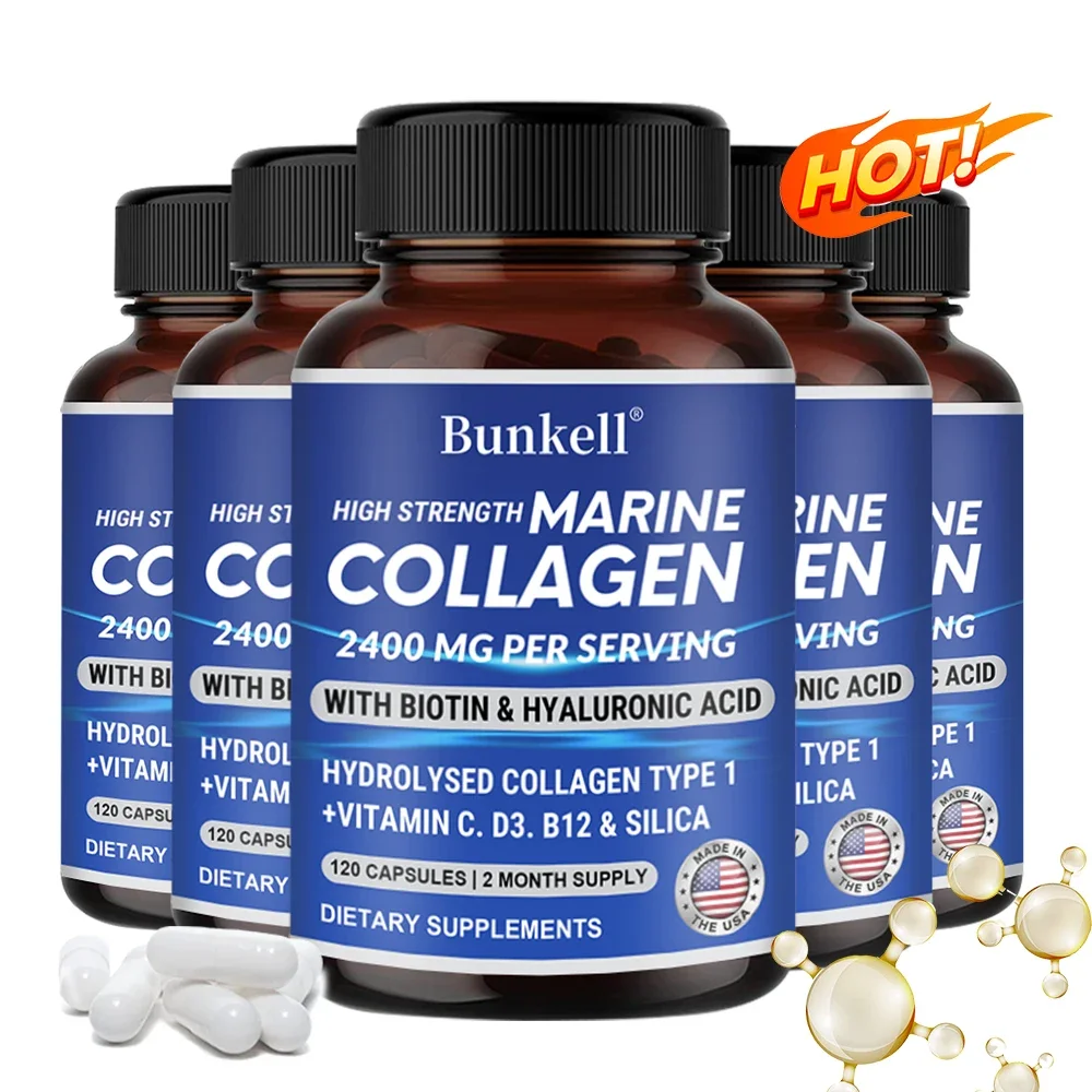 potent marine collagen with hyaluronic acid, biotin & vitamins 2400mg complex, hydrolyzed type 1, with vitamins & minerals