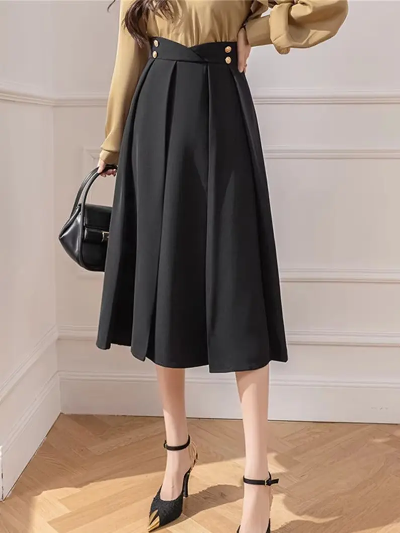 Elegant High-Waisted A-Line Midi Skirt for Office Lady Autumn 2026 Solid Color Bow Sashes Casual Long Skirt For Women