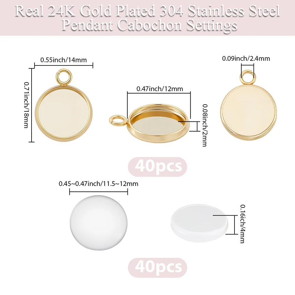 40pcs 12mm Cabochon Settings 24K Gold Plated 304 Stainless Steel Flat Round Bezel Pendant Trays with 40Pcs Glass Cabochons