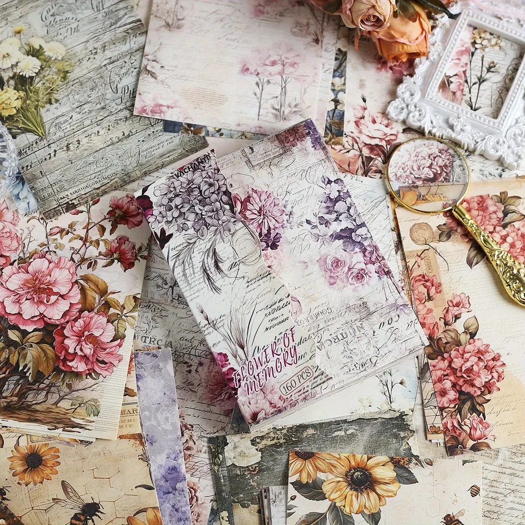 Journamm 160sheets Vintages Scrapbook Paper Non-Repeating Pattern Material Paper Junk Journal Scrapbooking Supplies