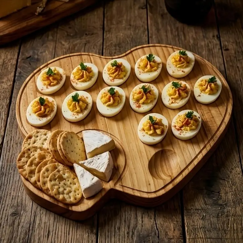 Heart Wooden Deviled Eggs Serving Tray with Side Sauces Section, Grains Breakfast Platters Charcuterie Board for 37JD