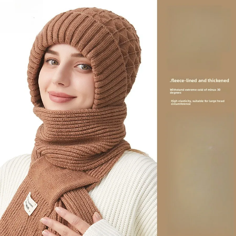 South Korea's New Solid Color Thickened Hat Scarf One-piece Knitted Hat Women's Winter Ear Protection Warm Hat Scarf Kit