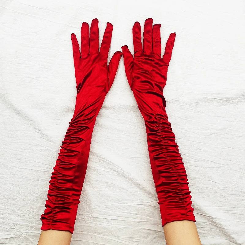 

Fashion Sexy Long Solid Pleated Satin Gloves Performance Wedding Opera Evening Party Dress Gloves