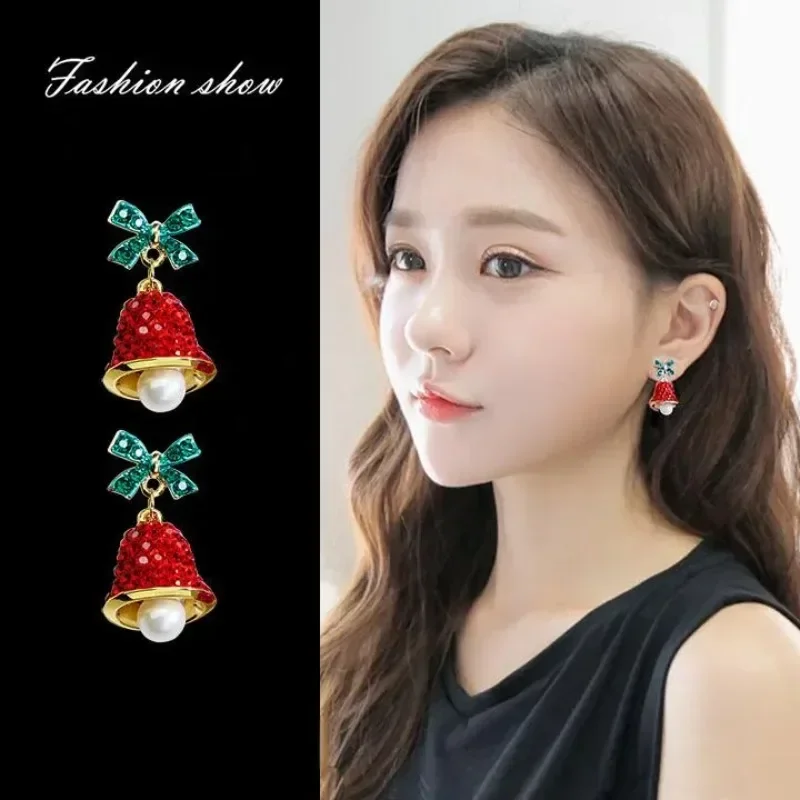 New Zircon Christmas Tree Earrings Bowknot Pearl Wind Chime Bell Earrings For Women Girls New Year Holiday Jewelry Gifts