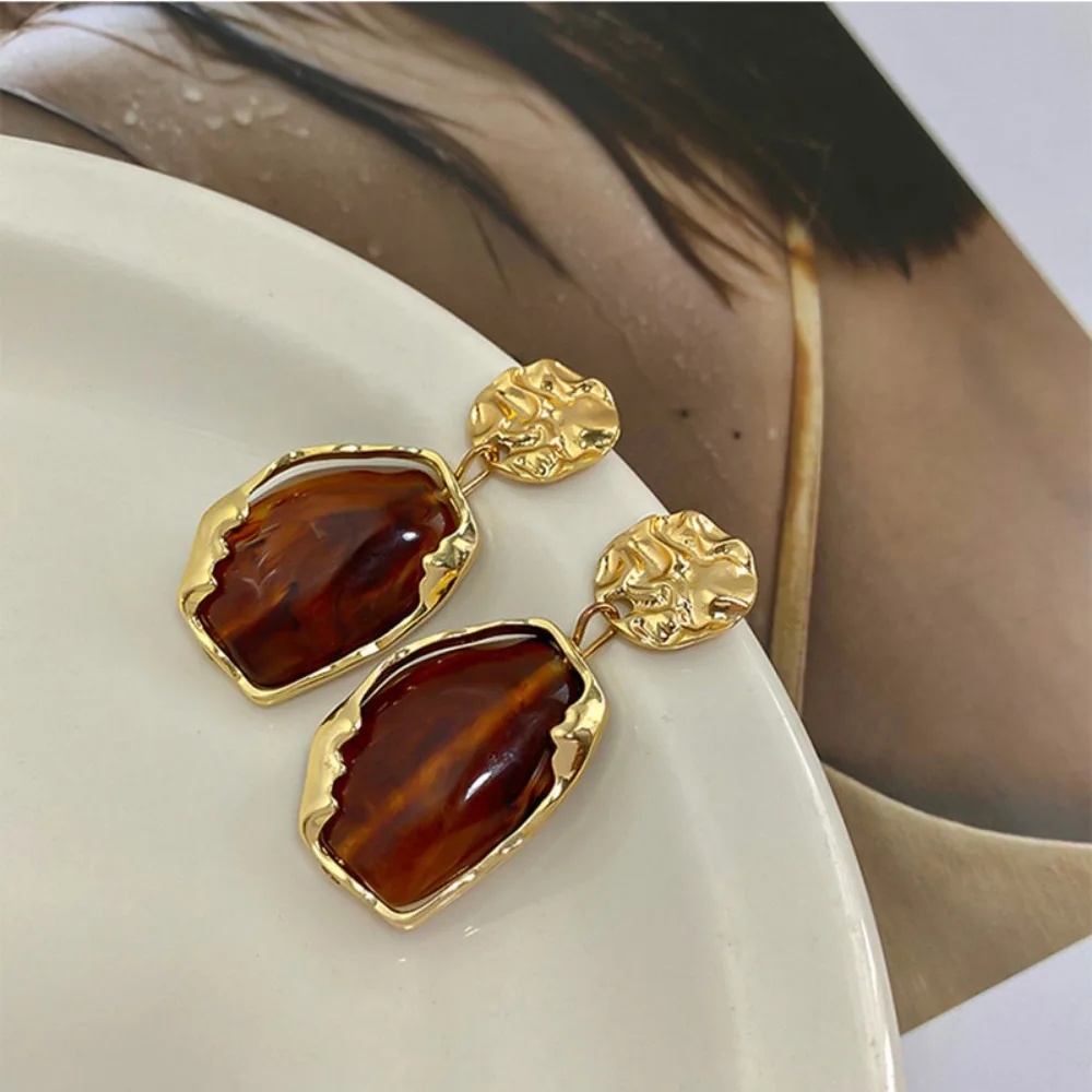 الكورية خمر براون الراتنج مربع قلادة الأقراط للنساء الاكريليك هندسية أقراط مجوهرات اكسسوارات هدية