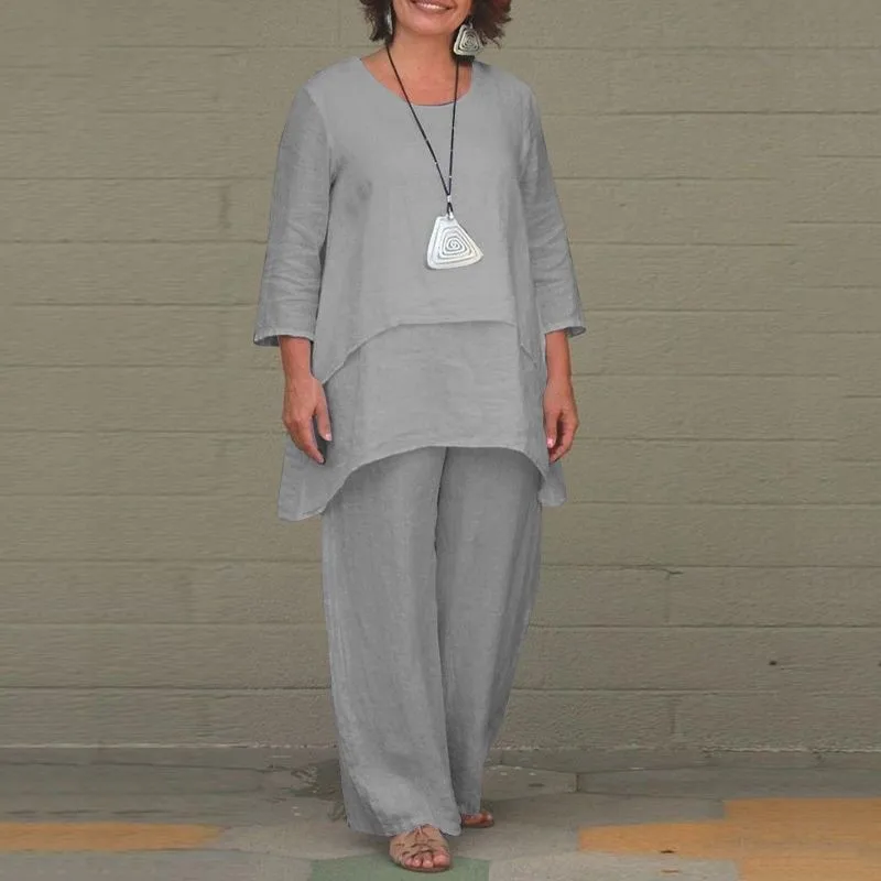 Cotton Linen Fake Two-piece White Set Women\'s Casual Round Neck Irregular Top + Wide-leg Pants 2-piece Suit Loose Women Outfit