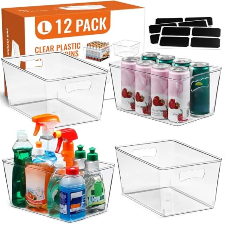 

12 PACK LARGE Clear Storage Bins with Handles and Labels, Multiuse Plastic Pantry Organizer Bins for Home Kitchen, Fridge, Free