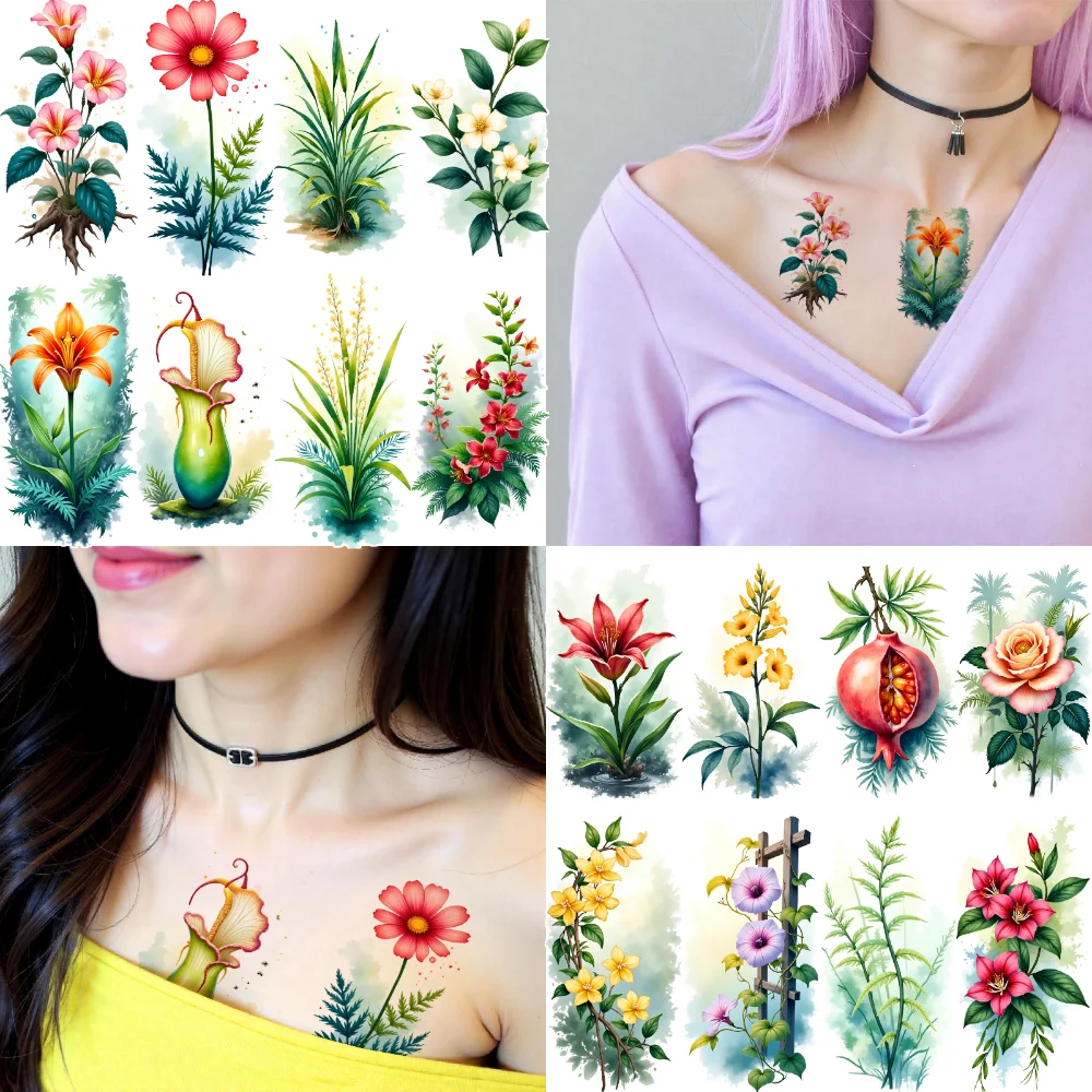 

9 шт. временные татуировки природа татуировки временные татуировки наклейки цветочные татуировки акварель для рук плечи щеки