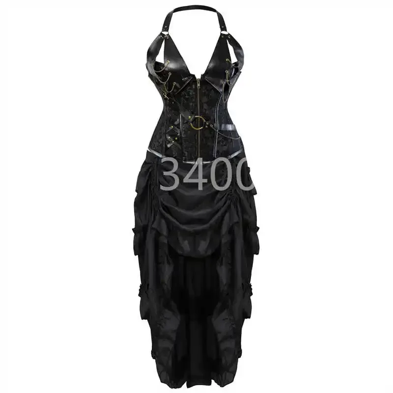 

Steampunk Corset Dress Top Skirt Set Sexy Bustier Leather Pirate Burlesque Gothic Vintage Plus Size Halloween Costume Black