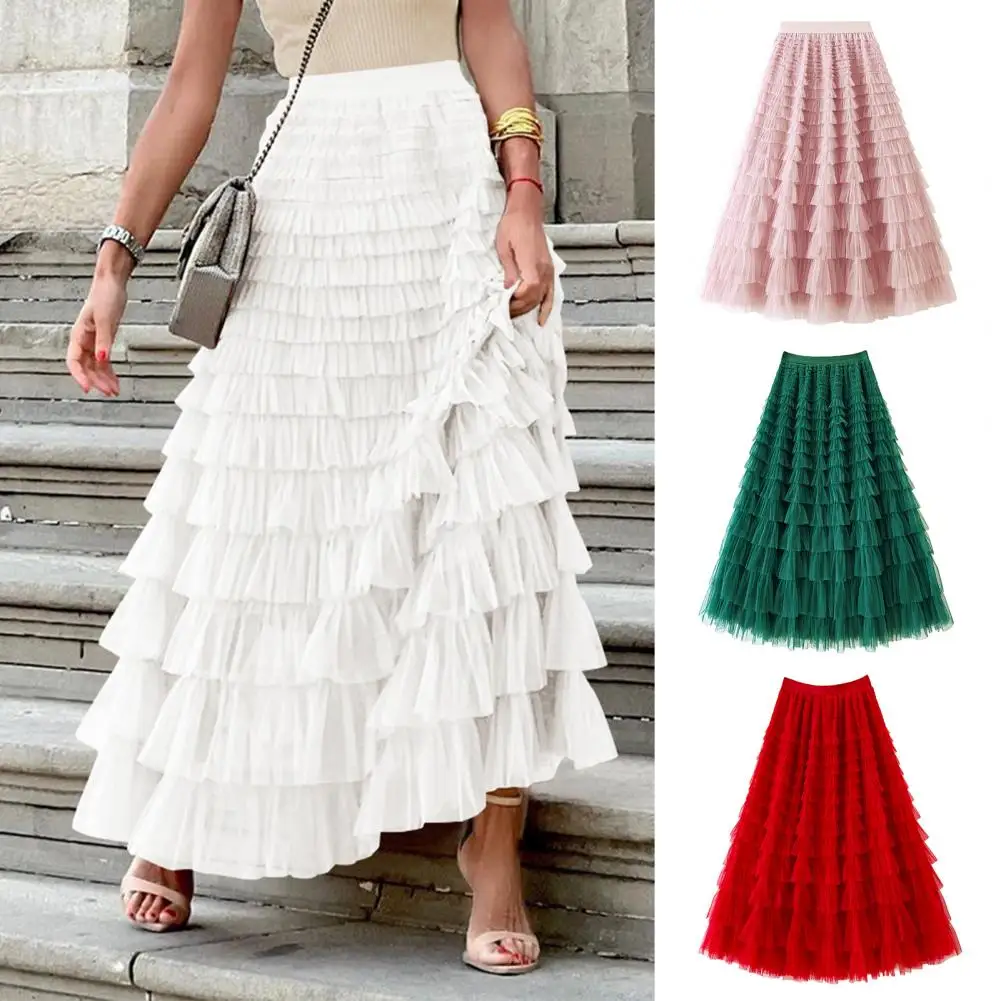 

Юбка-макси из сетки для женщин, модная элегантная юбка с эластичным поясом, новинка лета 2026, юбка миди с оборками и сетчатым подолом