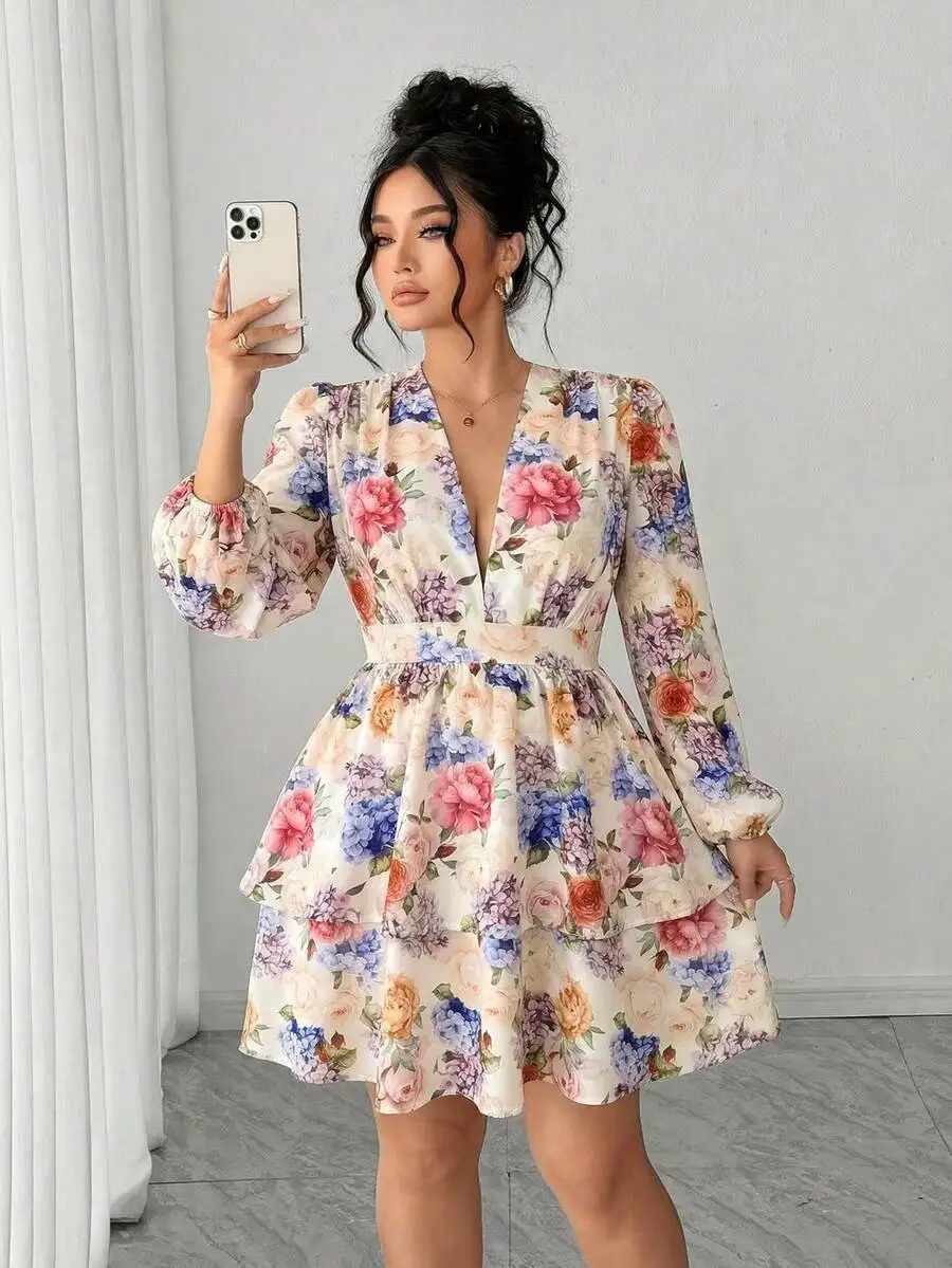 Elenzga Plus Size Vacation Style Floral Print Puff Sleeve Criss-Cross Waist Slimming Spring Dress, Party Dress Fall