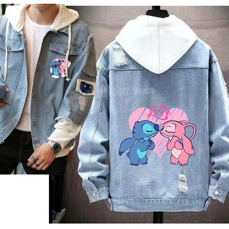 

Couple Disney stitch denim jacket cartoon cute fake two loose hip-hop style loose coat for spring and autumn men's outerwear