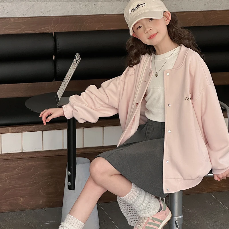 2025 Autumn Children's Embroidered Baseball Coat Long Sleeve Winter Boys' Cotton Coat Girls' Spring Round Neck Warm Jacket