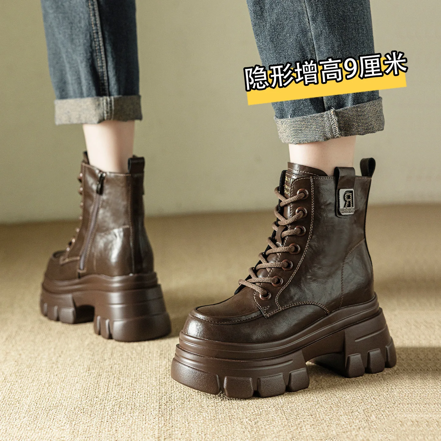 

Short boots for women in autumn and winter 2025 new style with thick sponge sole and increased height inside