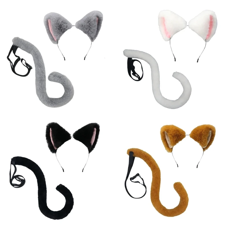 

Teens Cartoon Cats Ear Headband Multicolors Carnivals Hair Hoop&Tail Set