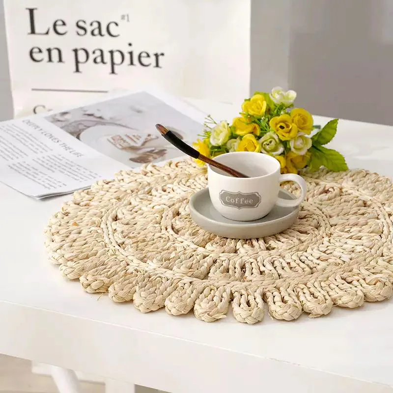 

Handmade Boho Farmhouse Woven Round Place Mats for Dining Table Decor Heat-Resistant Cup Dinner Rattan Wicker Plate Tables Mats