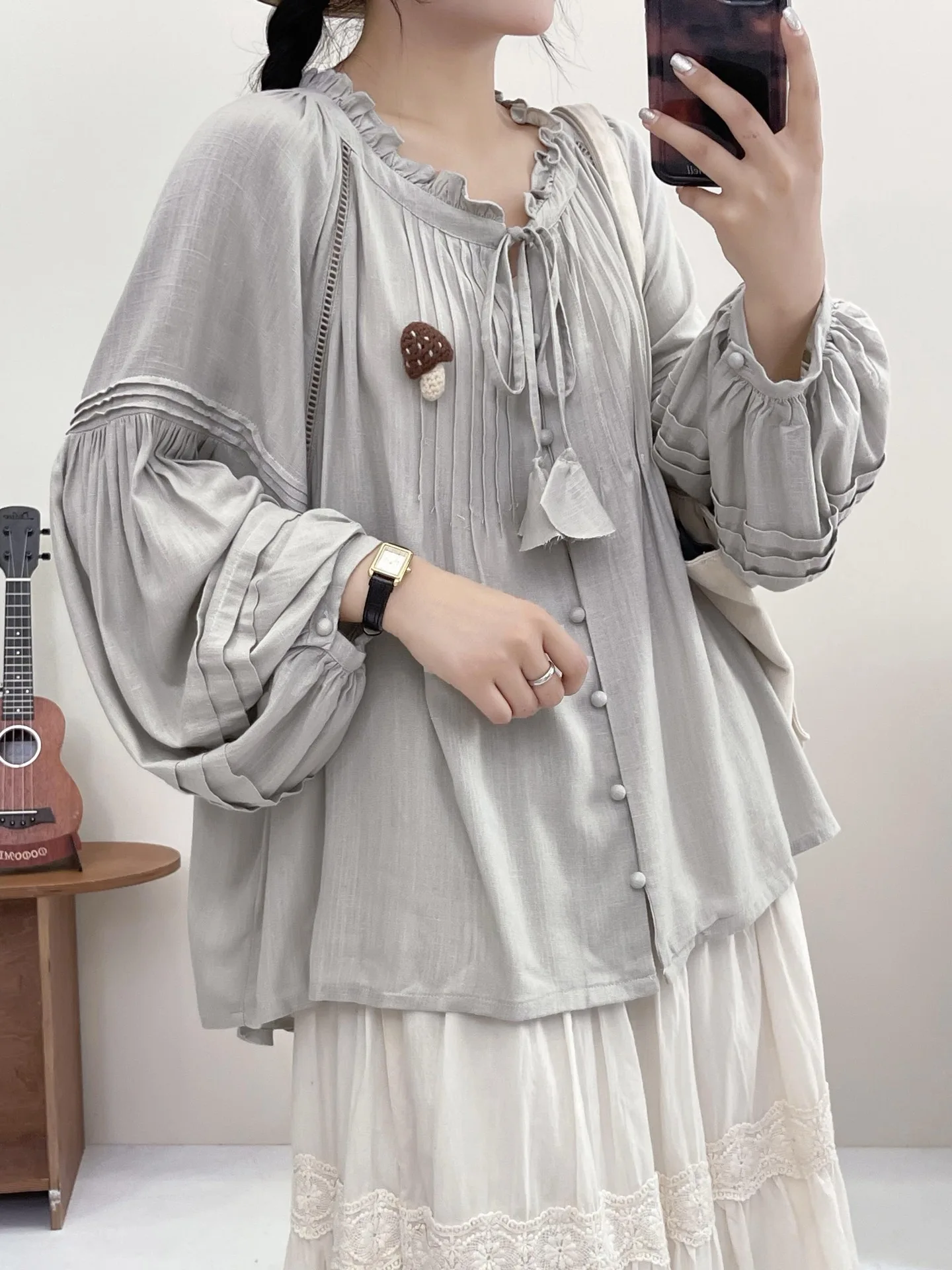 Mori kei clothing Japanese retro design long lantern sleeve ruffled solid shirts and blouses cotton gray tops lolita clothes