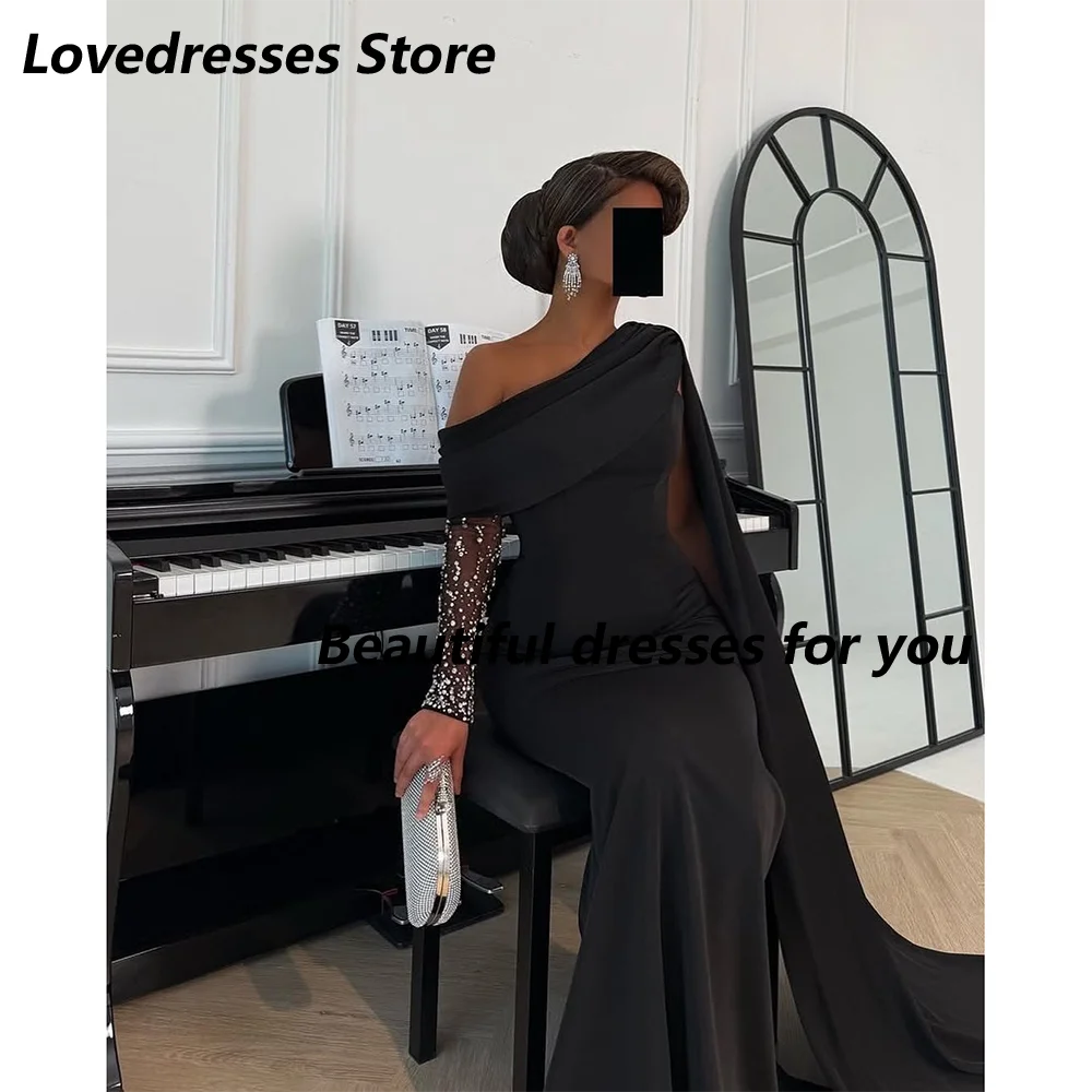 Black Evening Dresses for Women Off Shoulder Long Sleeves Mermaid Girl Prom Formal Wedding Guest Special Events Gala Customized image 5
