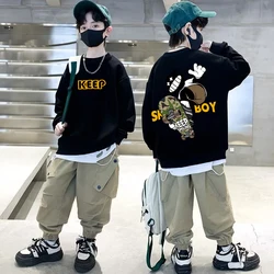 Boys 100% Cotton Sweatshirts 5-12T Autumn Long Sleeved Cartoon Top for Kids White Trendy Printed Sportswear Children's Clothes