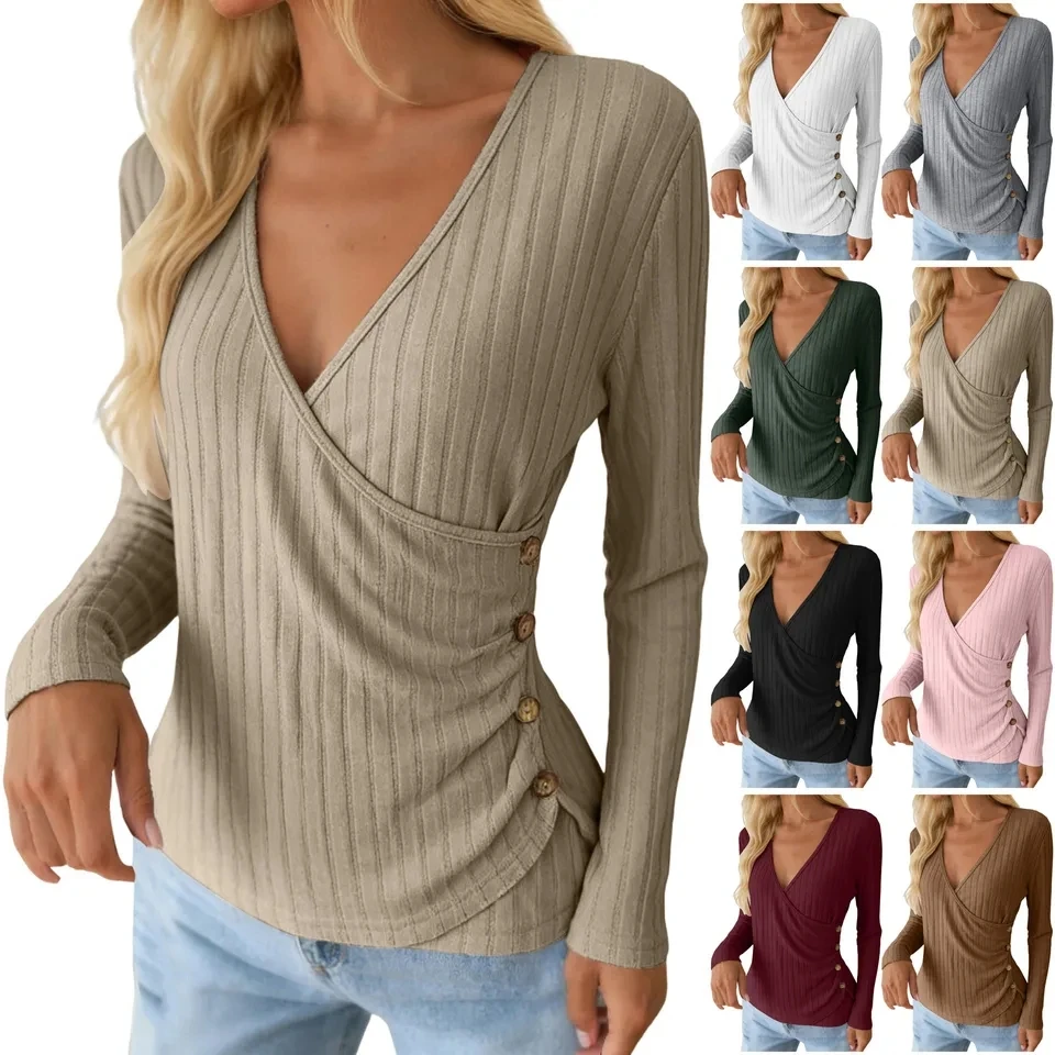 

Spring New T-Shirts For Women V Neck Ribbed Knit Tees Casual Pullover Long Sleeve Tunic Tops Solid Color Basic T Shirt