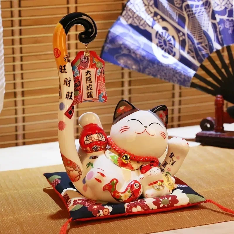

8.6 inch Ceramic Maneki Neko Lucky Cat Money Box Coin Bank Japanese Long Tail Fortune Cat Feng Shui Home Decoration Wedding Gift