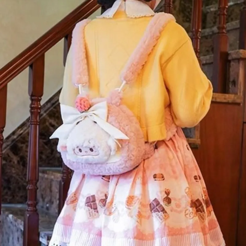 

JIAERDI милый милый розовый рюкзак с изображением ягненка, женский плюшевый рюкзак для торта, мягкий школьный рюкзак большой вместимости, женский рюкзак с бантом в стиле Лолиты, Mochilas Mujer Chic 2025