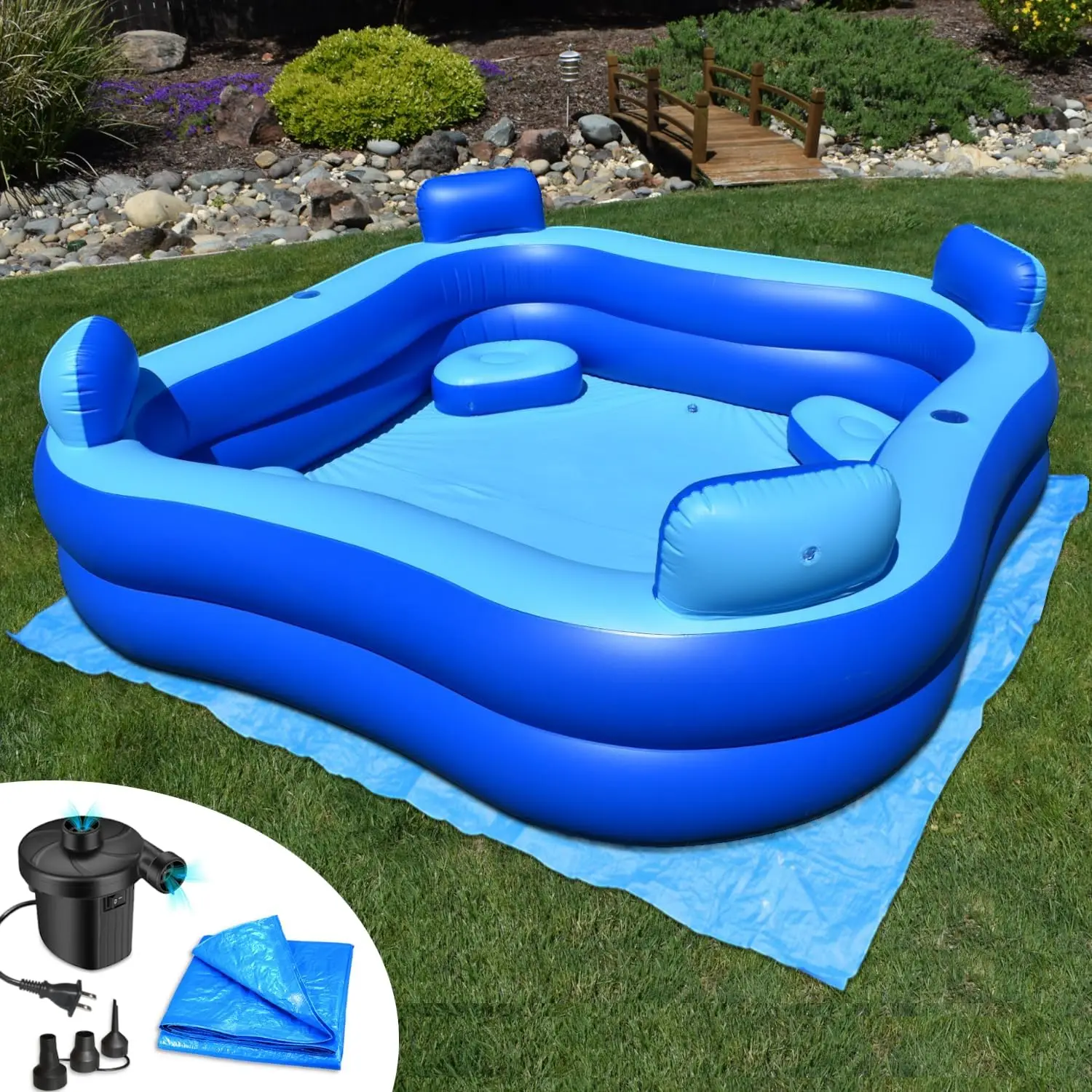 

Inflatable Pool w/Seats & Headrests, 8ft x 8ft, Comes with Electric Pump and Ground Tarp Included - Fast Setup and Reinforced Se