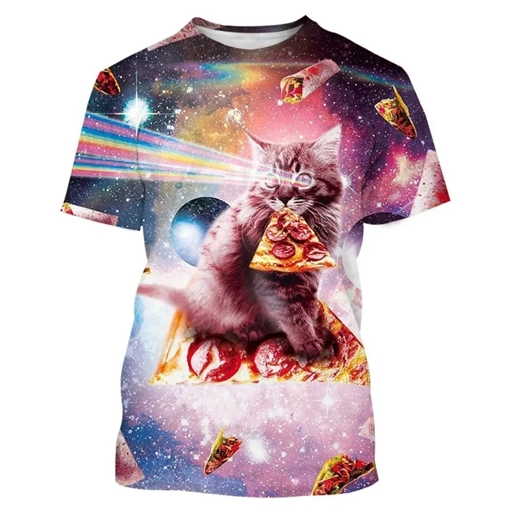 New Cool Animal Cat Galaxy Space Cute Little Cat 3D Men's and Women's T-shirt Shirt Pizza Fun Street Short Sleeve Top Clothing