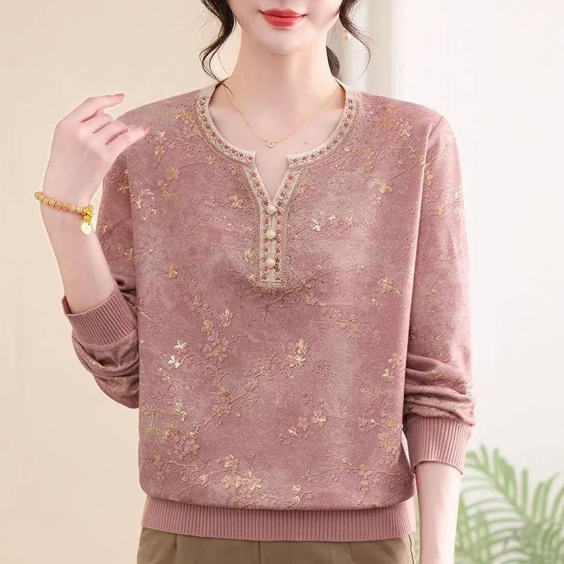 Women Autumn Winter Floral Knit Top Elegant Loose Mature Ladies Mom Base Shirt
