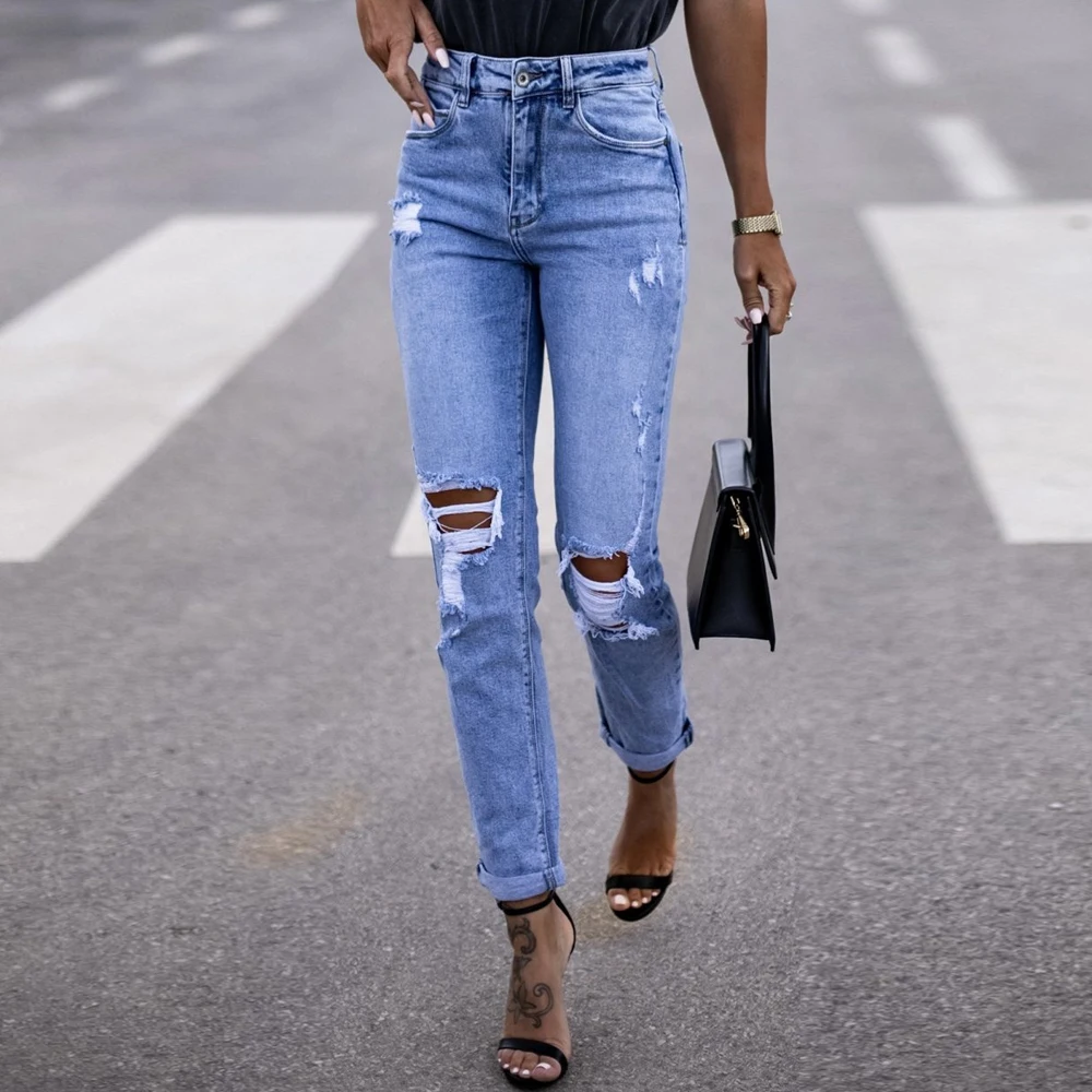 Stretch Ripped Jeans Women Torn Pants Female Frayed Denim Trousers Knee Cut Out Hole Abraded Boyfriend Outfits Streetwear Daily