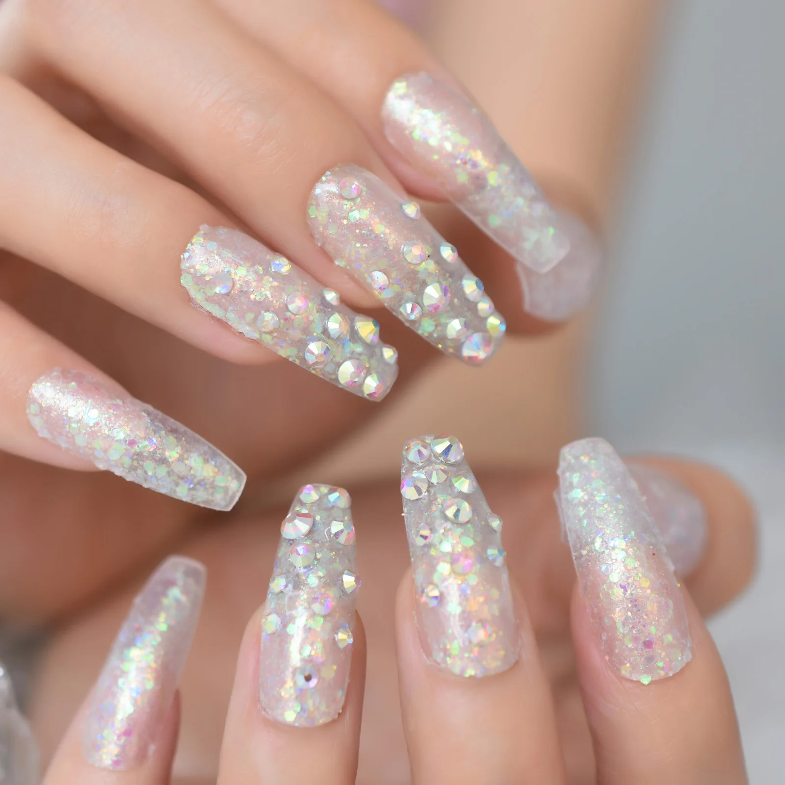 Colorido glitter cristal diamante bailarina francesa imprensa em unhas falsas caixão extra longo uv acrílico dedos falsos prego