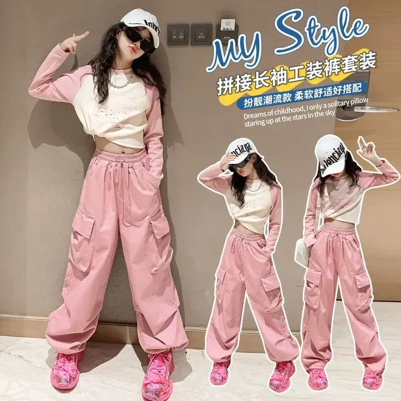 بنطال رياضي هيب هوب للأطفال ، بنطلون كارجو للفتيات ، بنطلون مستقيم للمراهقات ، خصر مرتفع ، ملابس الشارع الكلاسيكية غير الرسمية ، بنطلون فضفاض ، 5-14 سنة