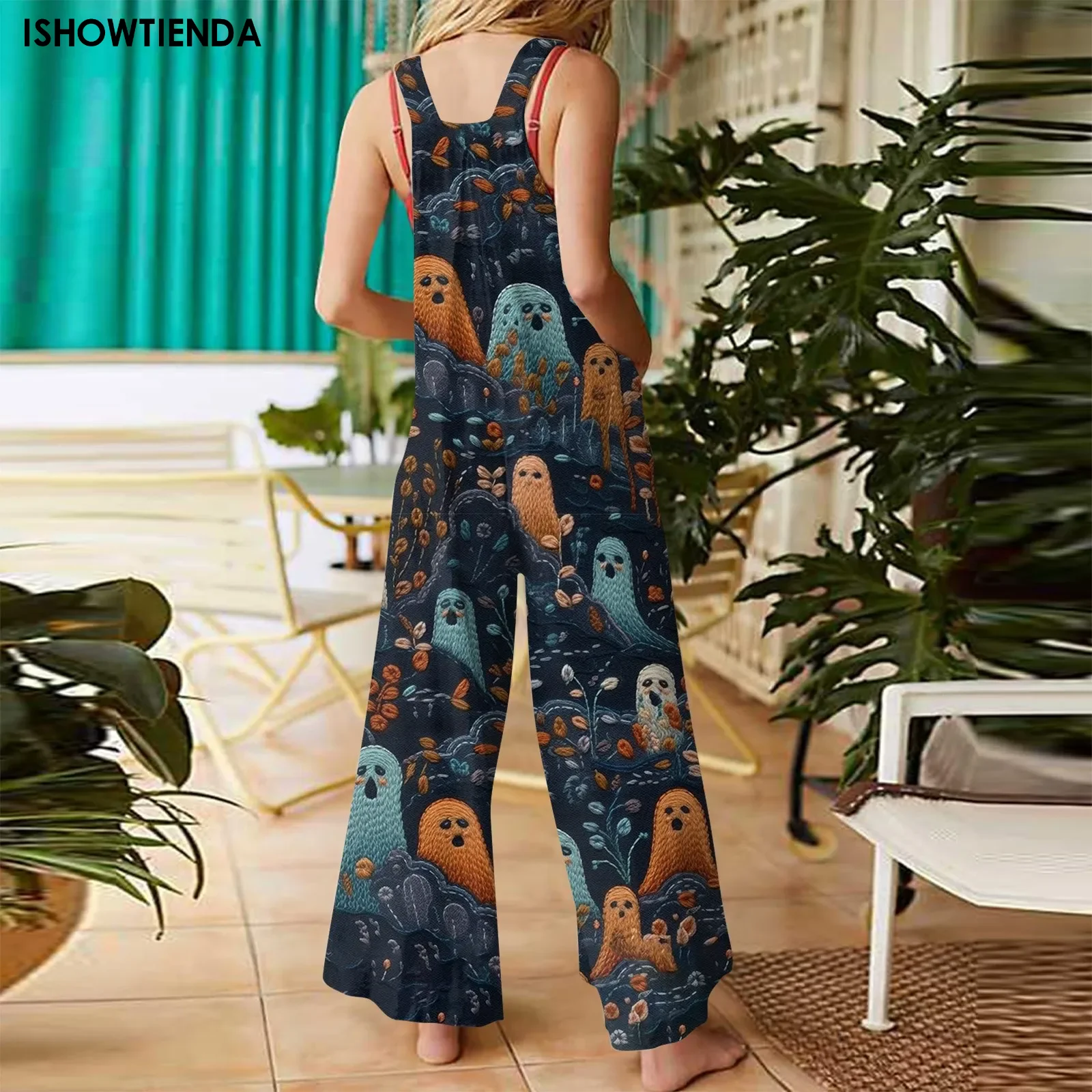 Summer New Women Casual Loose Halloween Print Jumpsuits Women's Overalls Halloween Sleeveless Square Collar Jumpsuits Rompers