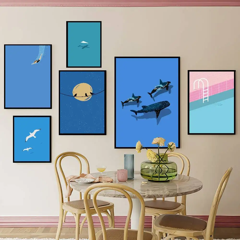 Minimalist Ocean Summer Poster Set, Simple Flat Blue Sea Whale Seagull Beach Print Art, Modern Abstract Tropical Coastal Decor