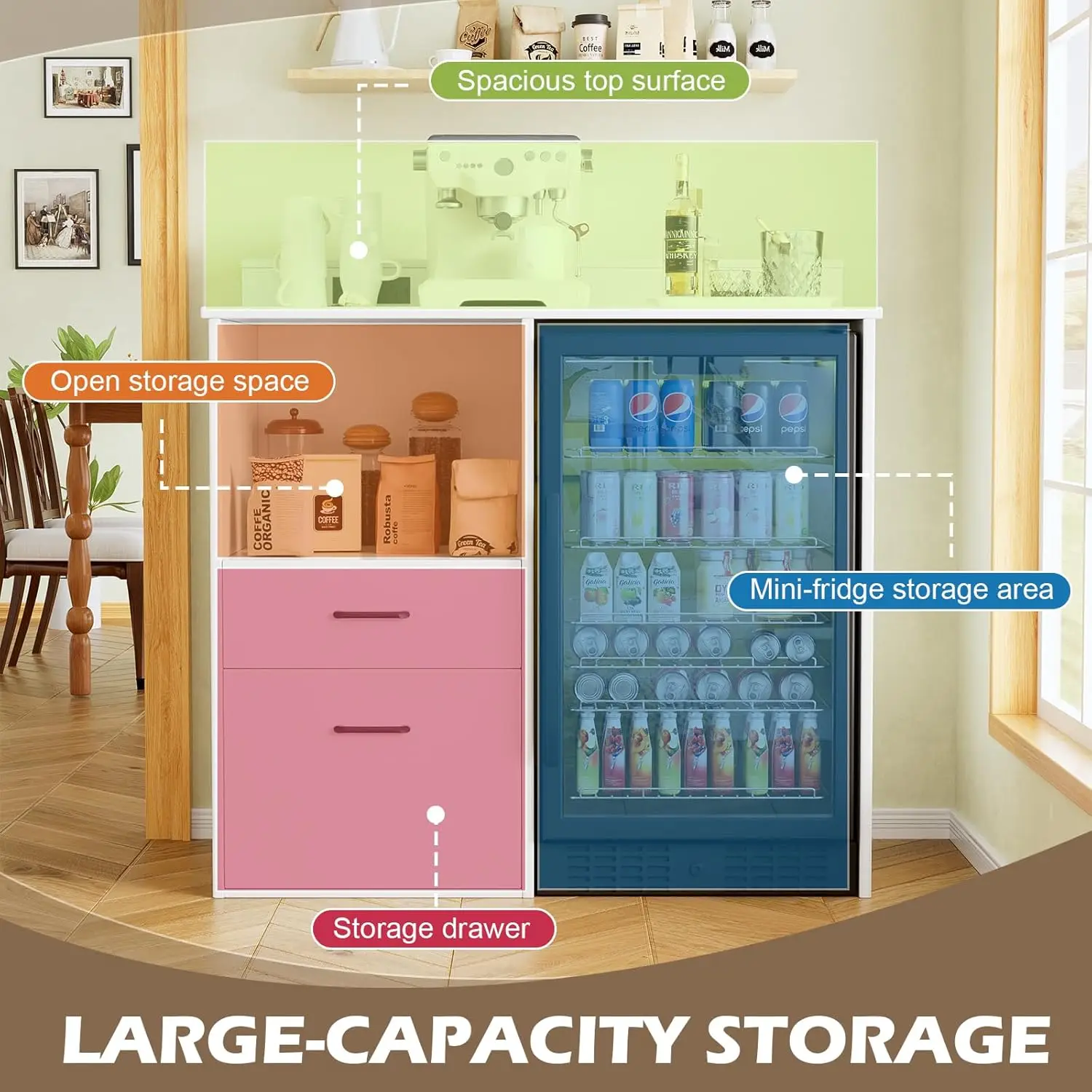 قهوة مع مساحة ثلاجة صغيرة، حامل ثلاجة صغير مع مساحة تخزين ومخرج طاقة، خزانة نبيذ مشروبات الخمور مع رف ميكروويف للمجموعة