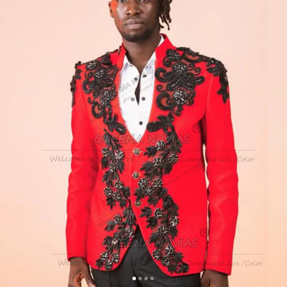 Luxury Jewelry Stones Ornament Suit Men For Wedding Single Breasted Jacket Pants 2 Piece Set Groom Tuxedos Customized Man Outfit