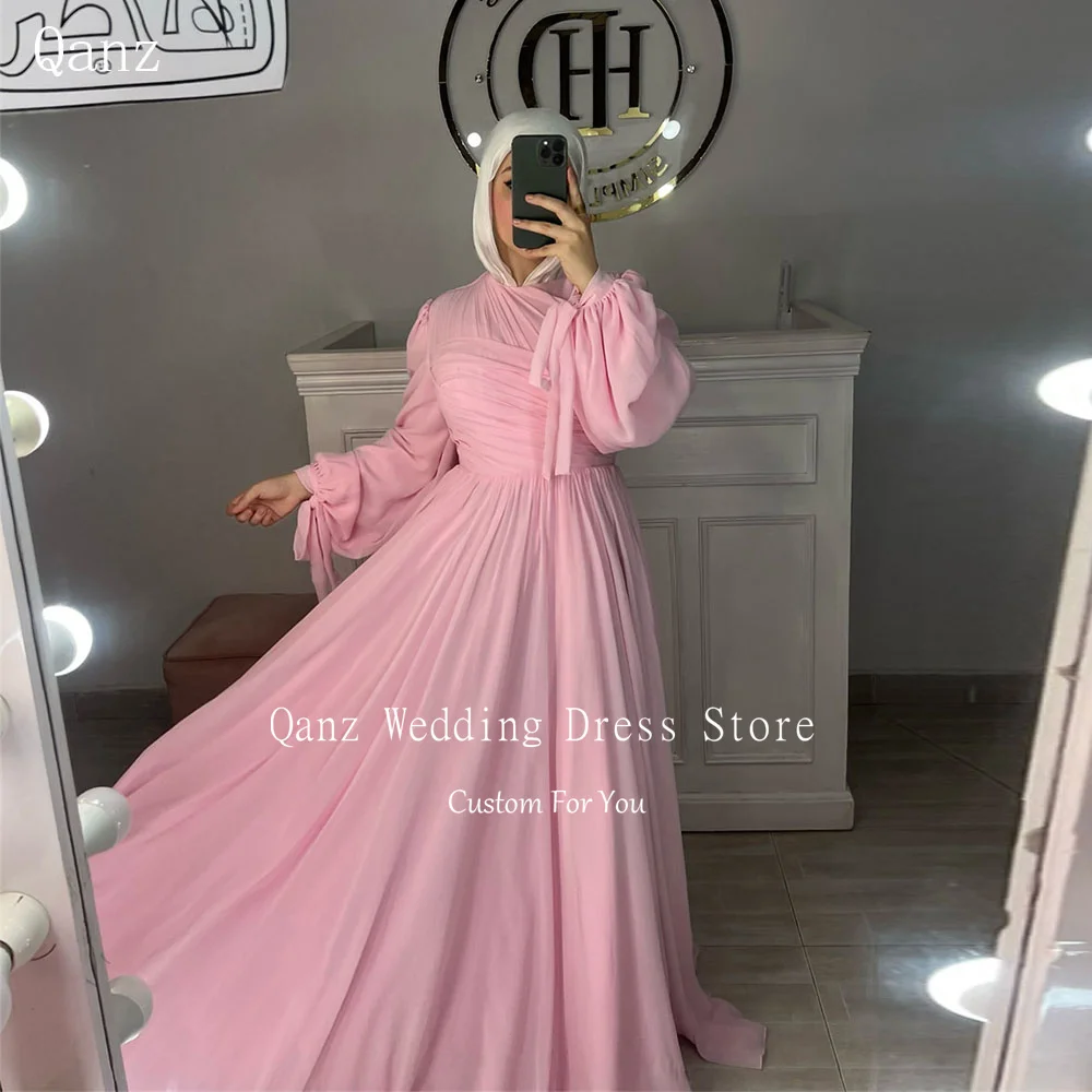 

Qanz Elegant Pink Muslim Evening Dress Chiffon Long A Line Formal Occasion Dresses Puff Sleeves Vestidos Fiesta Mujer Customized