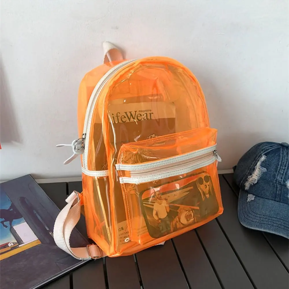 Large Capacity LED Lights Schoolbag Waterproof Zipper Close PVC Transparent Backpack Visible Adjustable Straps